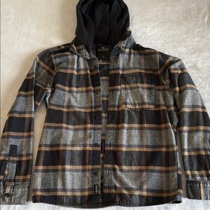 Men’s Hollister Hooded Plaid Shirt Black and Tan- Size Small